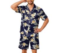 Pijama Corto Hombre Satin Seda Estampado Pantera Negra, Camisa Manga Corta Botones, Pantalón Corto, Conjunto Suave Elegante Para Descanso Diario, Noche Y Hogar