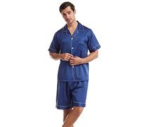 Pijama corto para hombre con cuello en V, pijama de satén, corto, ropa de dormir de dos piezas con bolsillo en el pecho, camiseta de manga corta y pantalones, conjuntos de Pjs suaves, ropa de casa,