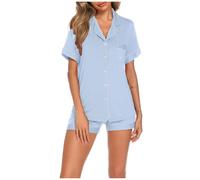 Pijama corto para mujer, conjunto de dos piezas con manga corta, parte superior y pantalones cortos de dormir de un solo color, holgado, 2 piezas, ropa de dormir suave y cómoda, transpirable, cómoda