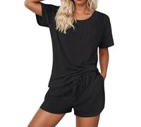 Pijama corto para mujer, conjunto de dos piezas, manga 3/4, camiseta de manga corta y pantalones cortos de yoga, traje de pijama de punto, cuello redondo, 2 piezas, traje de ocio, ropa deportiva