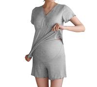 Pijama corto para mujer, conjunto de pijama de maternidad, 2 piezas, cuello en V, camiseta de lactancia y pantalones cortos, tejido acanalado, ropa de dormir para embarazo, ropa de dormir cómoda