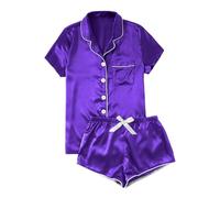 Pijama corto para mujer, de color liso, camisón y pantalones cortos de dormir con lazo, satén de seda, ropa de salón, suave, cómodo, tiempo libre, O Púrpura, XS
