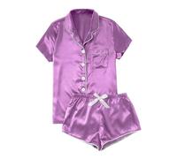 Pijama corto para mujer, de color liso, camisón y pantalones cortos de dormir con lazo, satén de seda, ropa de salón, suave, cómodo, tiempo libre, O Light Purple, XXXL