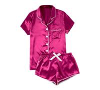 Pijama corto para mujer, de color liso, camisón y pantalones cortos de dormir con lazo, satén de seda, ropa de salón, suave, cómodo, tiempo libre, O Rosa Caliente, L