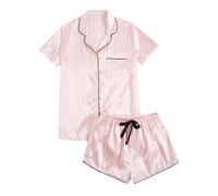 Pijama corto para mujer, de color liso, camisón y pantalones cortos de dormir con lazo, satén de seda, ropa de salón, suave, cómodo, tiempo libre, O Rosa Claro, S