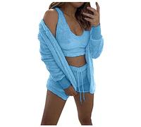 Pijama corto para mujer de forro polar cálido, camiseta de tirantes y pantalones cortos, conjuntos de 2 piezas, pijama difuso de peluche, ropa de dormir, ropa de dormir cómoda, suave y cómoda, P azul