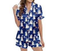 Pijama corto para mujer de Halloween, festivo, con estampado integral, camisa de 2 piezas con botones y pantalones cortos, ropa de dormir cómoda y suave, ropa de dormir de seda suave