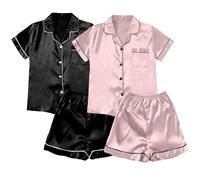 Pijama corto para mujer, juego de pijama de 4 piezas, camisa y pantalones cortos, cómodo y suave, ropa de dormir de seda, ropa de dormir suave, monocolor, ropa de dormir cómoda y suave, O negro2, XXL
