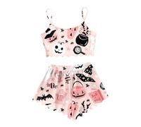 Pijama corto para mujer, juego de pijama de Halloween, sexy, estampado de fantasmas, dos piezas, parte superior y pantalones cortos, 2 piezas, ropa de dormir acogedora, ligera y ligera, O rosa., L