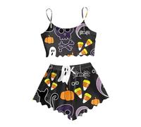 Pijama corto para mujer, juego de pijama de Halloween, sexy, estampado de fantasmas, dos piezas, parte superior y pantalones cortos, 2 piezas, ropa de dormir acogedora, ligera y ligera, O negro., L