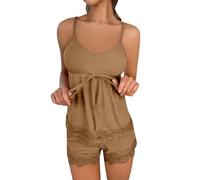 Pijama corto y sexy para mujer, sin mangas, ropa de dormir monocolor, con tirantes delgados y pantalones cortos, elegante, acogedor, dos piezas, O Khaki, M
