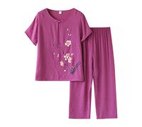 Pijama de 2 piezas de algodón y lino para mujer, camiseta de manga corta con estampado retro, pantalones elásticos de pierna ancha, ropa de descanso para mujer, conjunto de ropa de dormir de verano