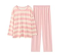 Pijama de algodón de imitación de Color Degradado a Rayas cómodo para Mujer, pantalón Informal Suelto de Manga Larga para Mujer Pijama Señora Botones Pijama Mujer Botones (Pink, M)