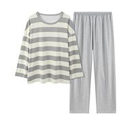 Pijama de Algodón para Mujer - Color Degradado a Rayas, Cómodo, Manga Larga, Pantalón Informal Suelto, Botones (Grey, XXL)
