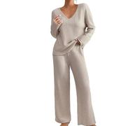 Pijama de algodón para mujer, manga larga, cuello en V | Conjunto de ropa de descanso de punto para mujer, informal, cómodo, acanalado, ligero, holgado, camisones de otoño