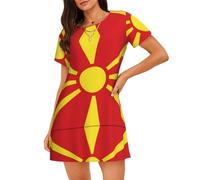 Pijama de algodón puro con estampado de la bandera de Macedonia del Norte, batas suaves de cuello redondo para dormir y descansar en casa, Negro, M