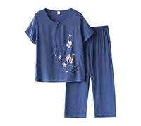 Pijama de algodón y lino de 2 piezas para mujer, camiseta de manga corta con estampado retro, pantalones elásticos de pierna ancha, ropa de descanso para mujer, ropa de dormir de verano para mujer