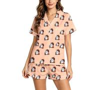 Pijama de Dos Piezas con Estampado de Halloween, Manga Corta, Cuello Vuelto | Conjuntos Deportivos Mujer Short Conjunto Punto Grandes Talla Azul Femenino Termico Correr Bicicleta Amarilla