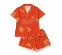 Pijama de Halloween con Cuello Solapa y Mangas Cortas, Shorts Estampados, Ropa cómoda para casa en otoño, Mujer, Dibujos de casa embrujada, Suave y abrigado