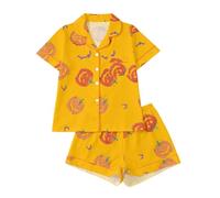 Pijama de Halloween con Cuello Solapa y Mangas Cortas, Shorts Estampados, Ropa cómoda para casa en otoño, Mujer, Dibujos de casa embrujada, Suave y abrigado