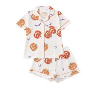 Pijama de Halloween con Cuello Solapa y Mangas Cortas, Shorts Estampados, Ropa cómoda para casa en otoño, Mujer, Dibujos de casa embrujada, Suave y abrigado