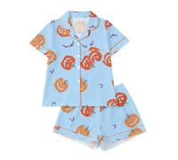 Pijama de Halloween con Cuello Solapa y Mangas Cortas, Shorts Estampados, Ropa cómoda para casa en otoño, Mujer, Dibujos de casa embrujada, Suave y abrigado