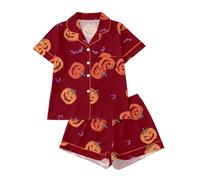 Pijama de Halloween con Cuello Solapa y Mangas Cortas, Shorts Estampados, Ropa cómoda para casa en otoño, Mujer, Dibujos de casa embrujada, Suave y abrigado