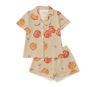 Pijama de Halloween con Cuello Solapa y Mangas Cortas, Shorts Estampados, Ropa cómoda para casa en otoño, Mujer, Dibujos de casa embrujada, Suave y abrigado