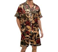 Pijama de Halloween para Hombre Conjunto Loungewear Cómodo Manga Corta Pantalones Cortos y Botones Casual (Gold, XXL) #1891