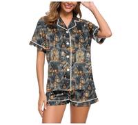 Pijama de Halloween para mujer, casual, estampado, 2 piezas, conjunto de pijama de manga corta, cuello en V, botones y pantalones cortos, ropa de dormir, 04#_gris, M