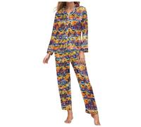 Pijama de Halloween para mujer, cuello abotonado, pantalones de manga larga, conjunto de pijama suave y acogedor, ropa de noche con cuello en V, ropa de descanso para descansar, 02#_azul oscuro, S
