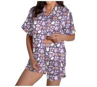 Pijama de halloween para mujer de satén de Halloween con solapa fantasma calabaza impresa manga corta conjunto de pijama con ojal de seda conjunto de ropa de dormir corta, 03morado claro, XXL