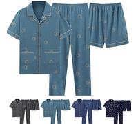 Pijama de manga corta para hombre, pantalones largos de algodón, camisa con botones, pantalones y pantalones cortos, traje de 3 piezas, conjunto de pijama ligero y transpirable, ropa de dormir cómoda