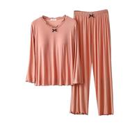 Pijama de manga larga para mujer, conjunto de pijama para mujer, estilo minimalista, color liso, ropa de dormir de manga larga suelta con pantalones de pierna ancha, ropa de descanso casual, ligera y