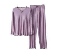 Pijama de manga larga para mujer, conjunto de pijama para mujer, estilo minimalista, color liso, ropa de dormir de manga larga suelta con pantalones de pierna ancha, ropa de descanso casual, ligera y
