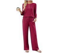Pijama de mujer acanalado de un solo color, elegante ropa de dormir para otoño e invierno, suelta, manga larga, parte superior, pierna ancha, pantalones, juego de pijama de dos piezas, D#Rose Red, S