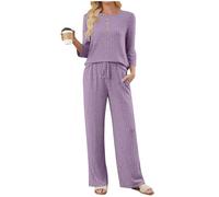 Pijama de mujer acanalado de un solo color, elegante ropa de dormir para otoño e invierno, suelta, manga larga, parte superior, pierna ancha, pantalones, juego de pijama de dos piezas, D#púrpura, S