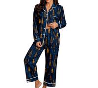 Pijama de Mujer con Estampado navideño, Manga Larga, Camisa de Dormir con b | Conjuntos Fitness Mujer Baratos Para Elegantes Capucha Candal Basquetbol 3 Oferta Larga Crop Hija Outfit