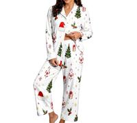 Pijama de Mujer con Estampado navideño, Manga Larga, Camisa de Dormir con b | Conjuntos Fitness Mujer Baratos Para Elegantes Capucha Candal Basquetbol 3 Oferta Larga Crop Hija Outfit