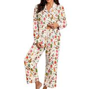 Pijama de Mujer con Estampado navideño, Manga Larga, Camisa de Dormir con b | Conjuntos Fitness Mujer Baratos Para Elegantes Capucha Candal Basquetbol 3 Oferta Larga Crop Hija Outfit