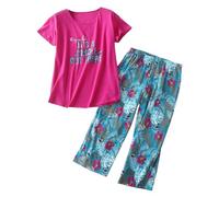 Pijama de mujer corto de manga corta con estampado de animales, ropa de dormir de 2 piezas, camisetas y pantalones capri, ajuste holgado, ropa de dormir cómoda, suave y transpirable, O Rosa Caliente