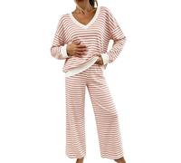 Pijama de mujer de 2 piezas, conjunto de salón para mujer, a rayas | Traje de casa para mujer de una pieza, 2 piezas, tallas grandes, traje de pana térmico, forro de felpa