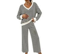 Pijama de mujer de 2 piezas, conjunto de salón para mujer, a rayas | Traje de casa para mujer de una pieza, 2 piezas, tallas grandes, traje de pana térmico, forro de felpa