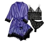 Pijama de mujer de 4 piezas de encaje, juego de pijama de satén, albornoces de dos piezas, tirantes finos, tops de dormir y calzoncillos, ropa de dormir de un solo color, tallas grandes, O Morado