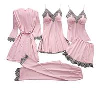 Pijama de mujer de 5 piezas de satén de encaje pijamas sexy babydoll conjuntos de lencería conjuntos de ropa de noche vestido de noche tirantes espaguetis crop tops pijamas y pantalones cortos de