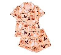 Pijama de mujer de manga corta con estampado de Halloween - Pijama ligero de dos piezas con cuello y pantalones cortos como ropa de dormir, pantalones de pijama + conjunto de tops de satén K617
