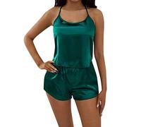 Pijama de mujer de satén, sexy, corto, camisón de manga corta para mujer, conjunto de pijama sin mangas, camiseta de dormir monocolor, suave, cómodo, de dos piezas, elegante vestido de noche, ajuste