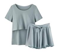 Pijama de Mujer Elegante Conjunto de Dormir con Camiseta y Pantalones Cortos para Lactancia Maternidad (BU2, XL)
