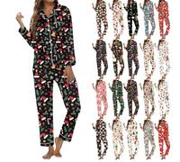Pijama de Navidad con botones para mujer, pijama de Navidad con cuello de solapa para mujer, conjunto de ropa de dormir festivo único, acogedor, ligero, ropa de dormir a la moda, ajuste holgado, ropa
