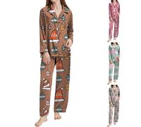 Pijama de Navidad con cuello de solapa para mujer, conjunto de pijama de Navidad para mujer, adorable pijama de dos piezas de dibujos animados, ropa de dormir festiva, ligera, ropa de dormir casual